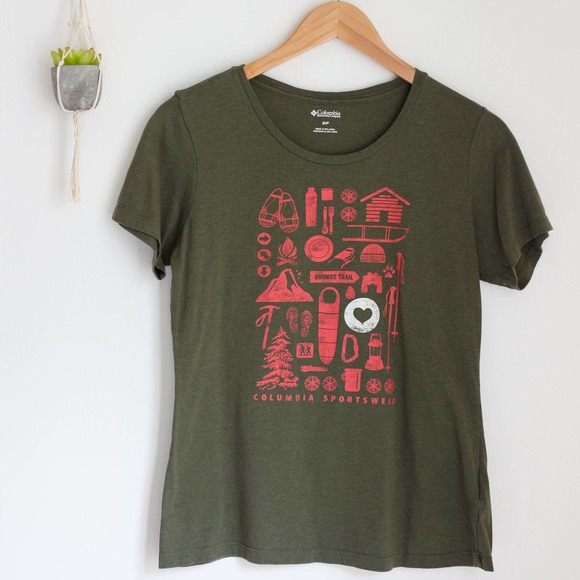 Columbia Tops - Olive Green Columbia Camping Hiking Skiing Graphic Crew Neck T-Shirt Small